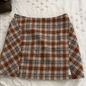 Plaid A-Line Mini Skirt in Brown and Gray